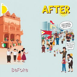 An eye-catching 10x15 inch poster that vividly portrays the social, political, and cultural changes in the Philippines, utilizing a clear 'before and after' theme