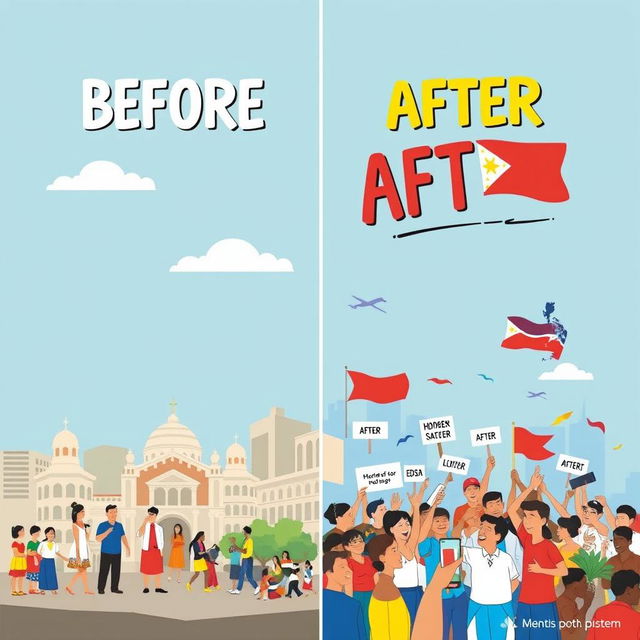 An eye-catching 10x15 inch poster that vividly portrays the social, political, and cultural changes in the Philippines, utilizing a clear 'before and after' theme