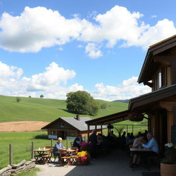 A charming cafeteria set in a picturesque rural landscape, surrounded by rolling hills and lush green fields