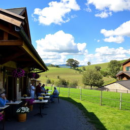 A charming cafeteria set in a picturesque rural landscape, surrounded by rolling hills and lush green fields