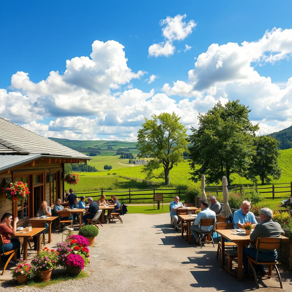 A charming cafeteria set in a picturesque rural landscape, surrounded by rolling hills and lush green fields