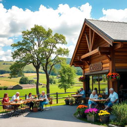 A charming cafeteria set in a picturesque rural landscape, surrounded by rolling hills and lush green fields