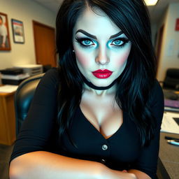 A full-length photographic image of a shapely 19-year-old woman with pale skin and thick black hair