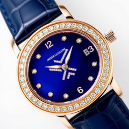 Close-up of a Jaeger Lecoultre wristwatch featuring a luxurious rose gold case and a rich blue leather strap