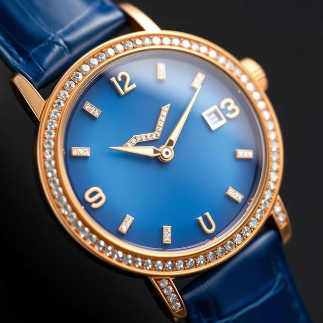 Close-up of a Jaeger Lecoultre wristwatch featuring a luxurious rose gold case and a rich blue leather strap