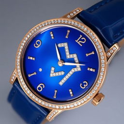 Close-up of a Jaeger Lecoultre wristwatch featuring a luxurious rose gold case and a rich blue leather strap