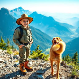A cheerful mountain boy standing on a rocky trail, surrounded by breathtaking mountain scenery
