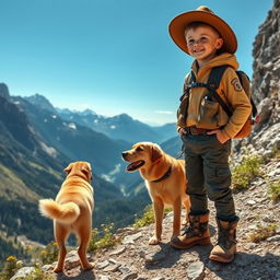 A cheerful mountain boy standing on a rocky trail, surrounded by breathtaking mountain scenery