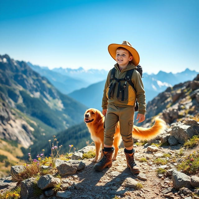 A cheerful mountain boy standing on a rocky trail, surrounded by breathtaking mountain scenery