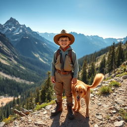 A cheerful mountain boy standing on a rocky trail, surrounded by breathtaking mountain scenery