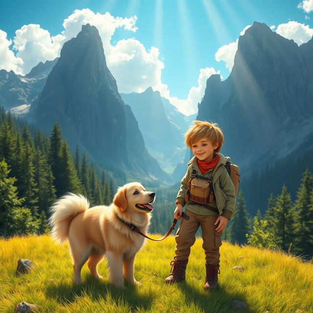 A serene and heartwarming scene depicting a young mountain boy in rugged clothing, standing on a grassy hillside surrounded by towering mountains