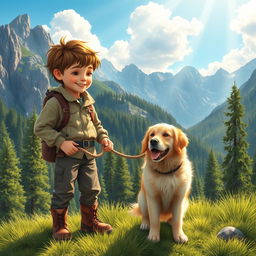 A serene and heartwarming scene depicting a young mountain boy in rugged clothing, standing on a grassy hillside surrounded by towering mountains