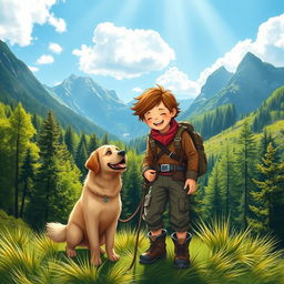 A serene and heartwarming scene depicting a young mountain boy in rugged clothing, standing on a grassy hillside surrounded by towering mountains
