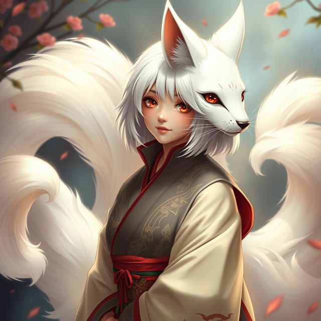 An enchanting portrayal of Jeanne d'Arc, a magical kitsune with nine elegant white tails, each representing a century of her extraordinary 937 years of life