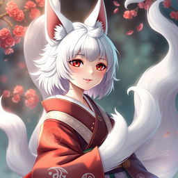 An enchanting portrayal of Jeanne d'Arc, a magical kitsune with nine elegant white tails, each representing a century of her extraordinary 937 years of life