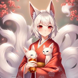 An enchanting portrayal of Jeanne d'Arc, a magical kitsune with nine elegant white tails, each representing a century of her extraordinary 937 years of life