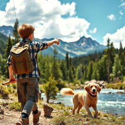 A picturesque scene of a mountain boy and his father walking together towards a clear, sparkling stream in the mountains