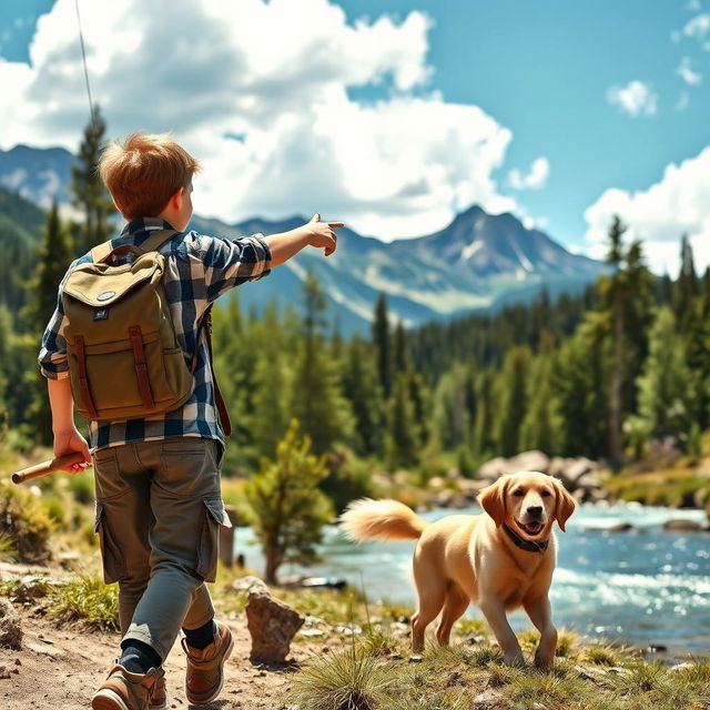 A picturesque scene of a mountain boy and his father walking together towards a clear, sparkling stream in the mountains