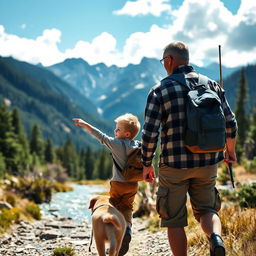 A picturesque scene of a mountain boy and his father walking together towards a clear, sparkling stream in the mountains