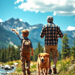 A picturesque scene of a mountain boy and his father walking together towards a clear, sparkling stream in the mountains