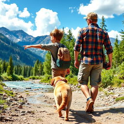 A picturesque scene of a mountain boy and his father walking together towards a clear, sparkling stream in the mountains