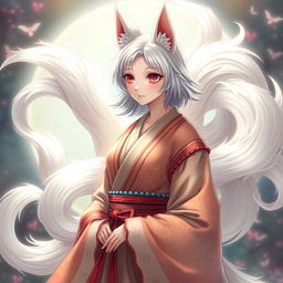 An enchanting depiction of Jeanne d'Arc, a magical kitsune with nine flowing white tails, each representing a century of her remarkable 937 years of life