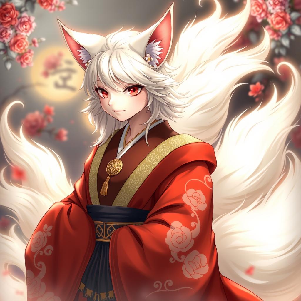 An enchanting depiction of Jeanne d'Arc, a magical kitsune with nine flowing white tails, each representing a century of her remarkable 937 years of life