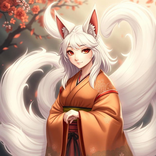 An enchanting depiction of Jeanne d'Arc, a magical kitsune with nine flowing white tails, each representing a century of her remarkable 937 years of life