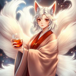An enchanting depiction of Jeanne d'Arc, a magical kitsune with nine flowing white tails, each representing a century of her remarkable 937 years of life