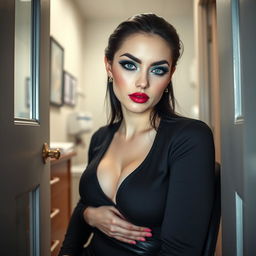 From the perspective of the doorway of a doctor's office, you see a full-length photographic image of a beautiful 19-year-old woman with pale skin and thick black hair