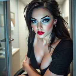 From the perspective of the doorway of a doctor's office, you see a full-length photographic image of a beautiful 19-year-old woman with pale skin and thick black hair