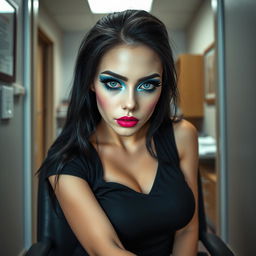 From the perspective of the doorway of a doctor's office, you see a full-length photographic image of a beautiful 19-year-old woman with pale skin and thick black hair