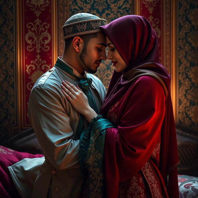 A passionate and artistic depiction of a BDSM scene that beautifully intertwines elements of Muslim culture