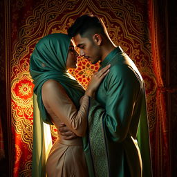 A passionate and artistic depiction of a BDSM scene that beautifully intertwines elements of Muslim culture