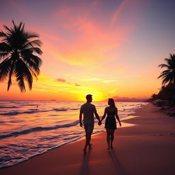A breathtaking scene of a vibrant summer beach at sunset, with orange and pink hues reflecting off the gentle waves
