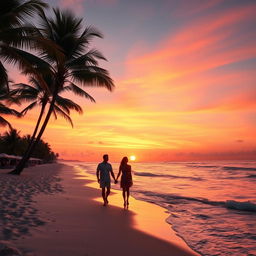 A breathtaking scene of a vibrant summer beach at sunset, with orange and pink hues reflecting off the gentle waves