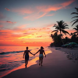 A breathtaking scene of a vibrant summer beach at sunset, with orange and pink hues reflecting off the gentle waves