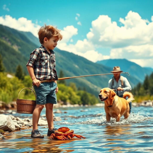 A serene landscape featuring a mountain boy enjoying a peaceful day by a crystal-clear stream