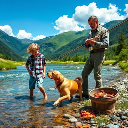 A serene landscape featuring a mountain boy enjoying a peaceful day by a crystal-clear stream