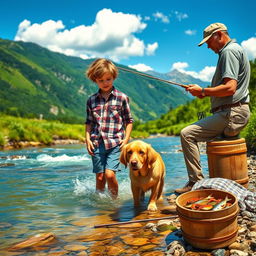 A serene landscape featuring a mountain boy enjoying a peaceful day by a crystal-clear stream