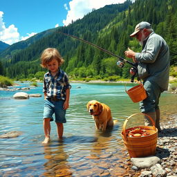 A serene landscape featuring a mountain boy enjoying a peaceful day by a crystal-clear stream