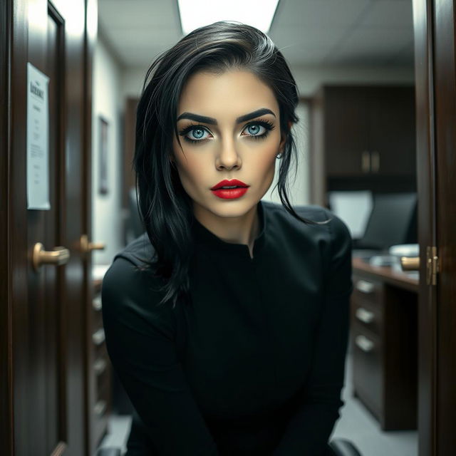 From the perspective of the doorway of an office, you see a full-length photographic image of a beautiful 19-year-old woman with pale skin and thick black hair