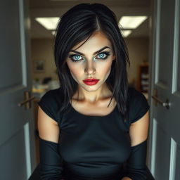 From the perspective of the doorway of an office, you see a full-length photographic image of a beautiful 19-year-old woman with pale skin and thick black hair