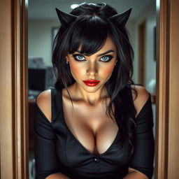 From the perspective of the doorway of an office, you see a full-length photographic image of a beautiful 19-year-old woman with pale skin and thick black hair