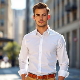 A stylish individual wearing a crisp white dress shirt, standing confidently