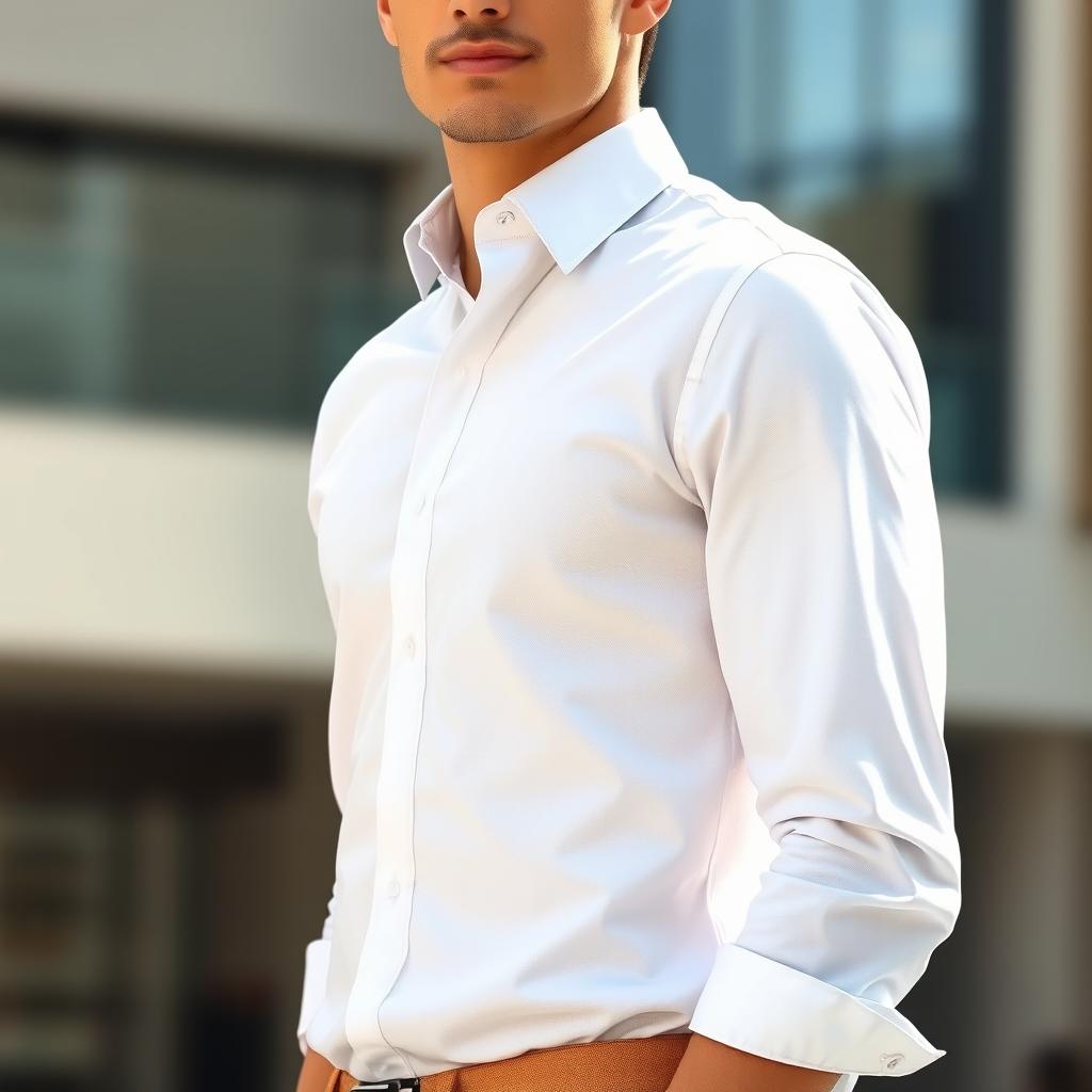 A stylish individual wearing a crisp white dress shirt, standing confidently