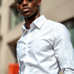 A stylish individual wearing a crisp white dress shirt, standing confidently