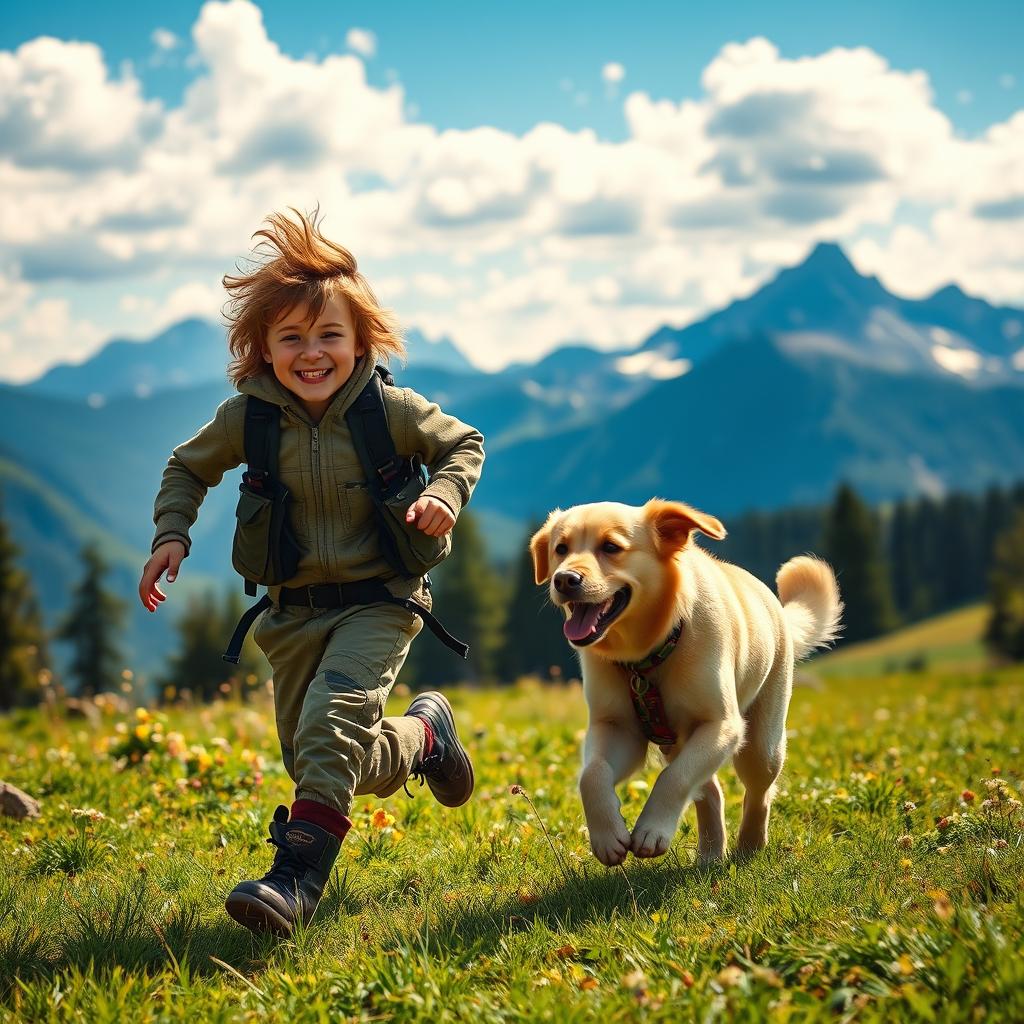 A joyful mountain boy running energetically through a lush green meadow, accompanied by his playful dog