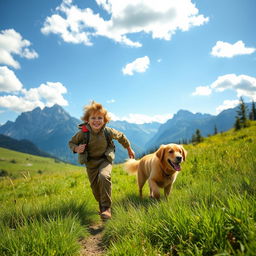 A joyful mountain boy running energetically through a lush green meadow, accompanied by his playful dog