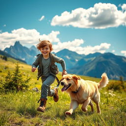 A joyful mountain boy running energetically through a lush green meadow, accompanied by his playful dog